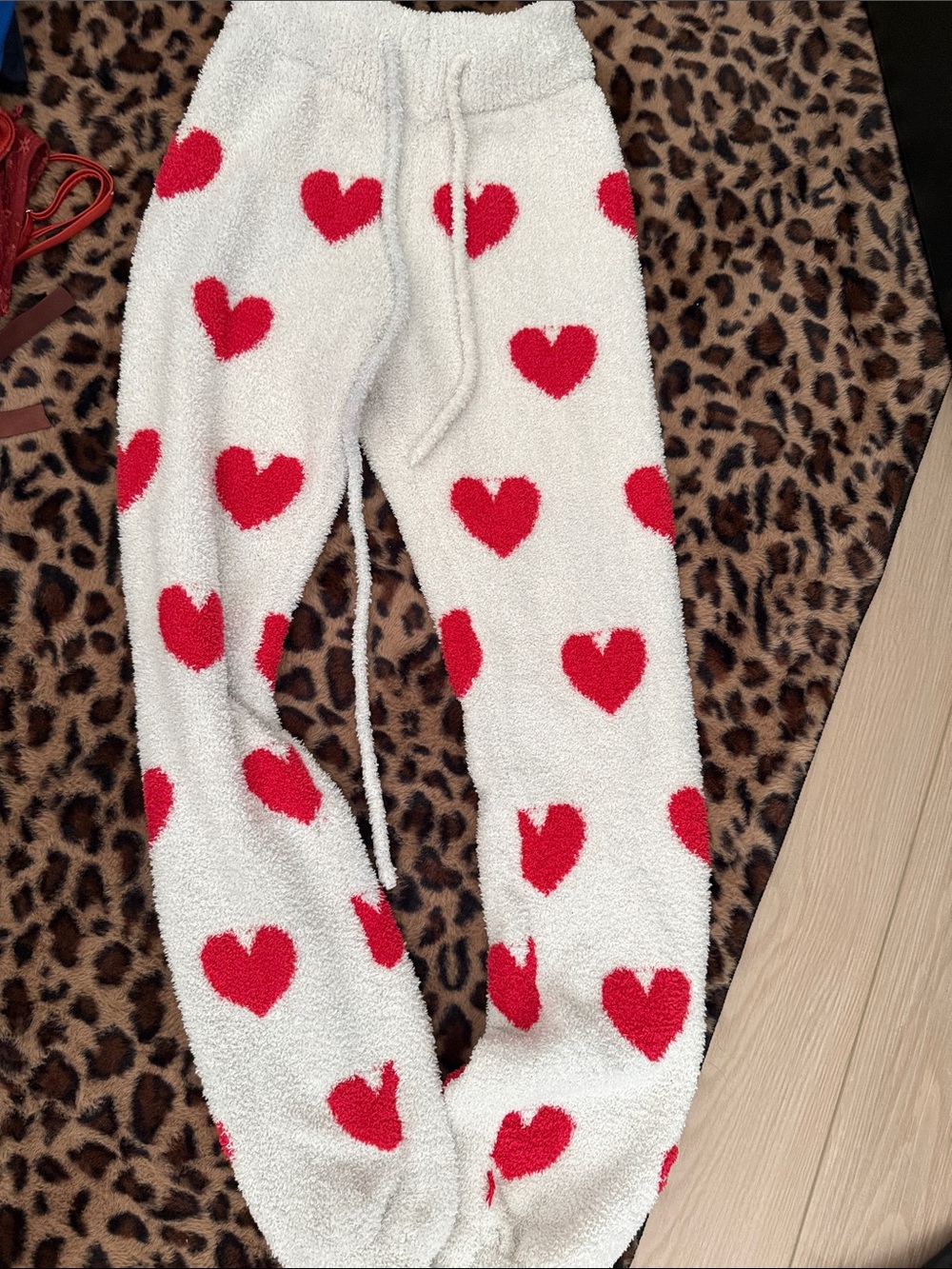 Forever 21 White Fuzzy Joggers with Red Heart Print